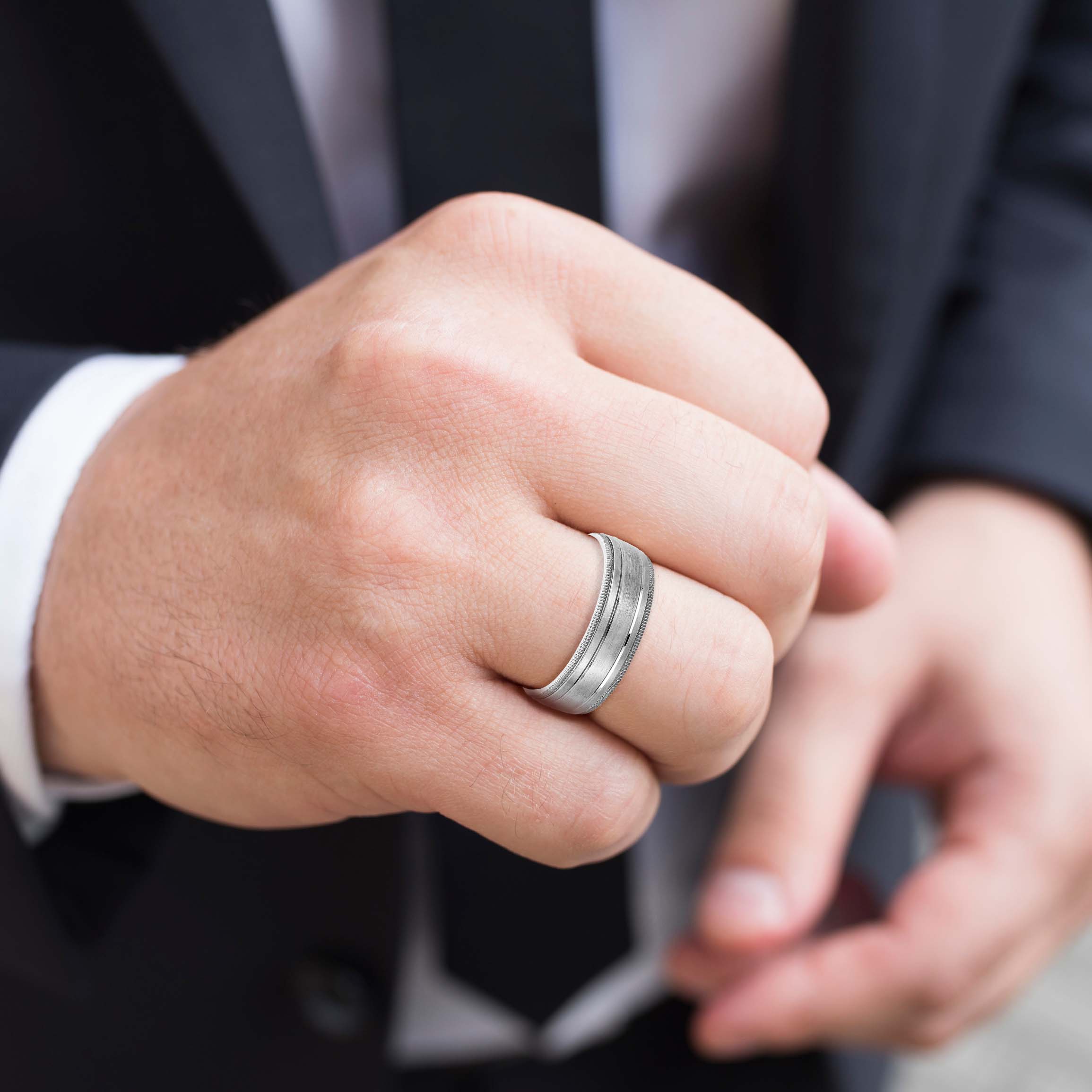 Fancy Brushed Men's Wedding Band with Double Line and Milgrain Edges-VIRABYANI